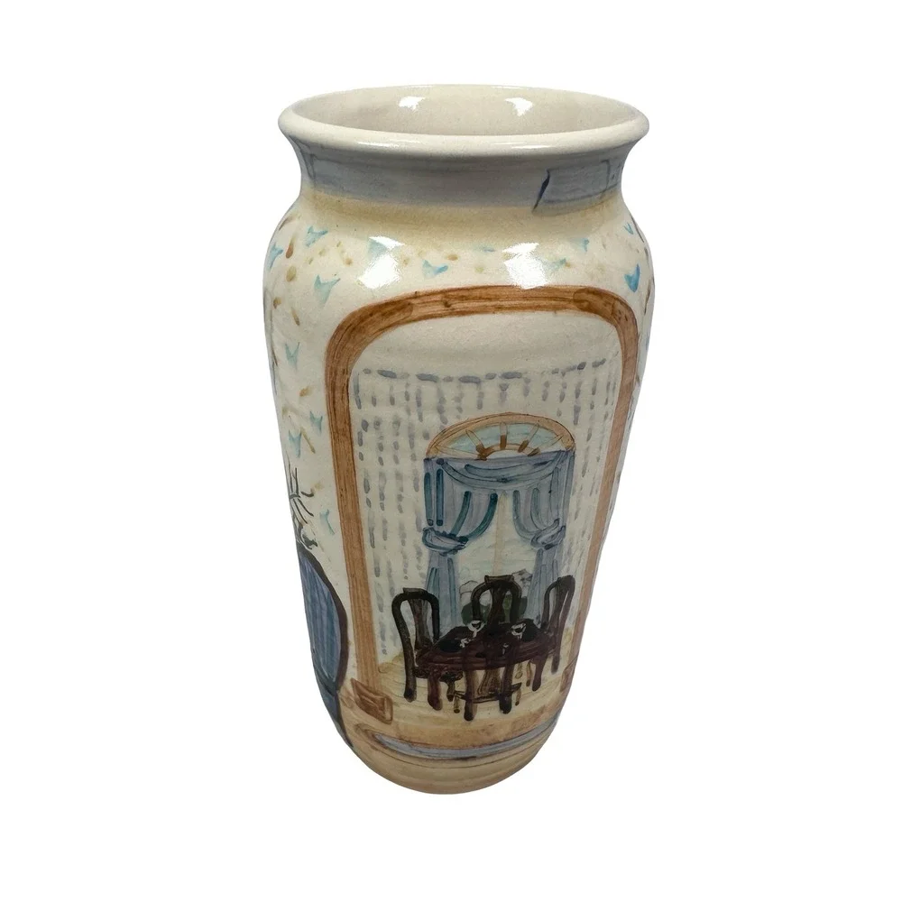 Liz‎ Lawrence Redware Pottery Vase 1992 Hand Painted Scenic Interior Landscape
